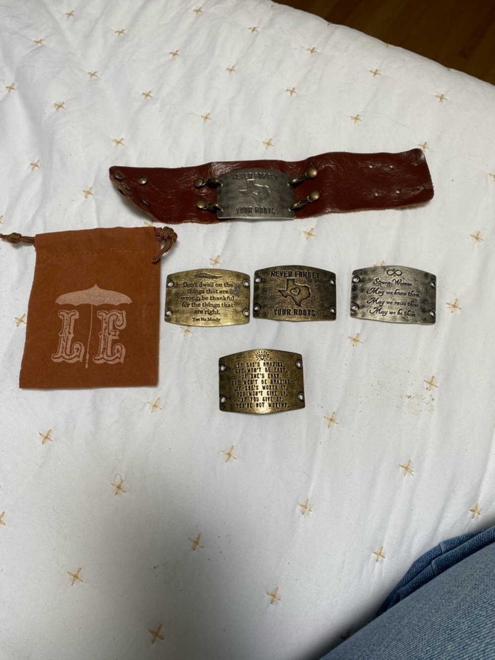 Leather Wrap Bracelet with Interchangeable Antique Brass Plates - Brown